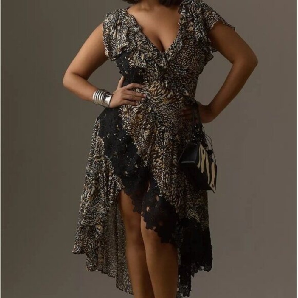 Anthropologie Lace Inset Ruffled Printed Maxi Dress NWT Size 6 Brown Motif